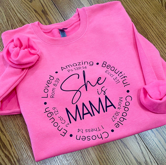 She is Bible Verses Heavy Blend™ Adult Crewneck Sweatshirt (Customize & Choose: MAMA, MOM, GRANDMA, NANA, MIMI + GIGI)