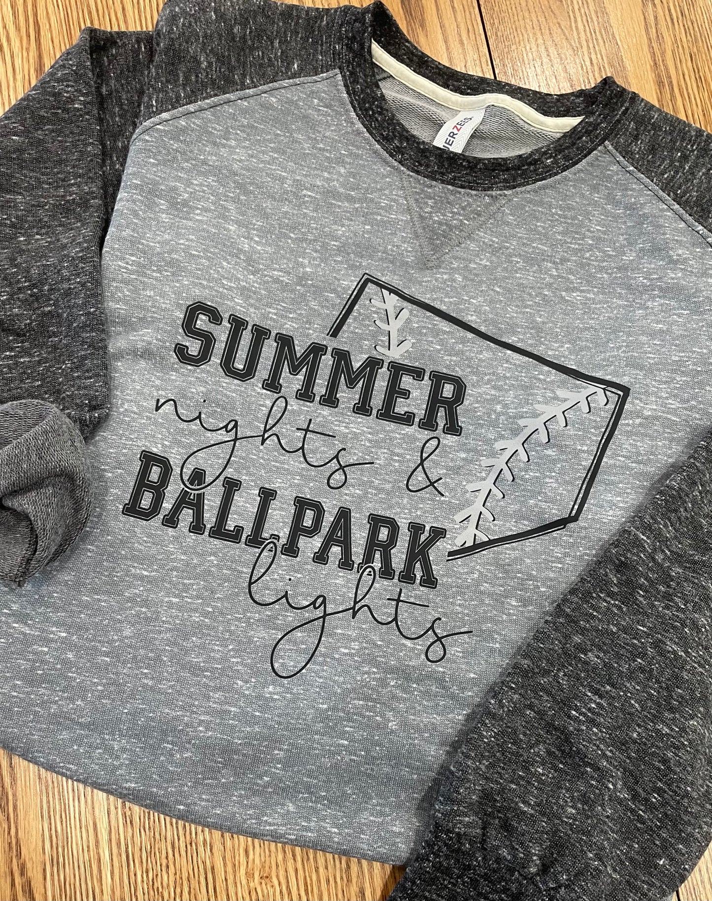 Summer Nights + Ballpark Lights JERZEES® Gray/Black Snow Heather Unisex Raglan Crew