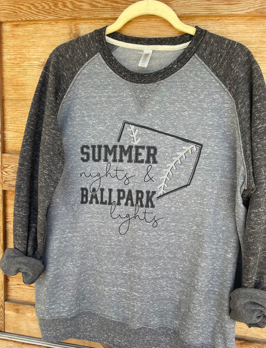 Summer Nights + Ballpark Lights JERZEES® Gray/Black Snow Heather Unisex Raglan Crew