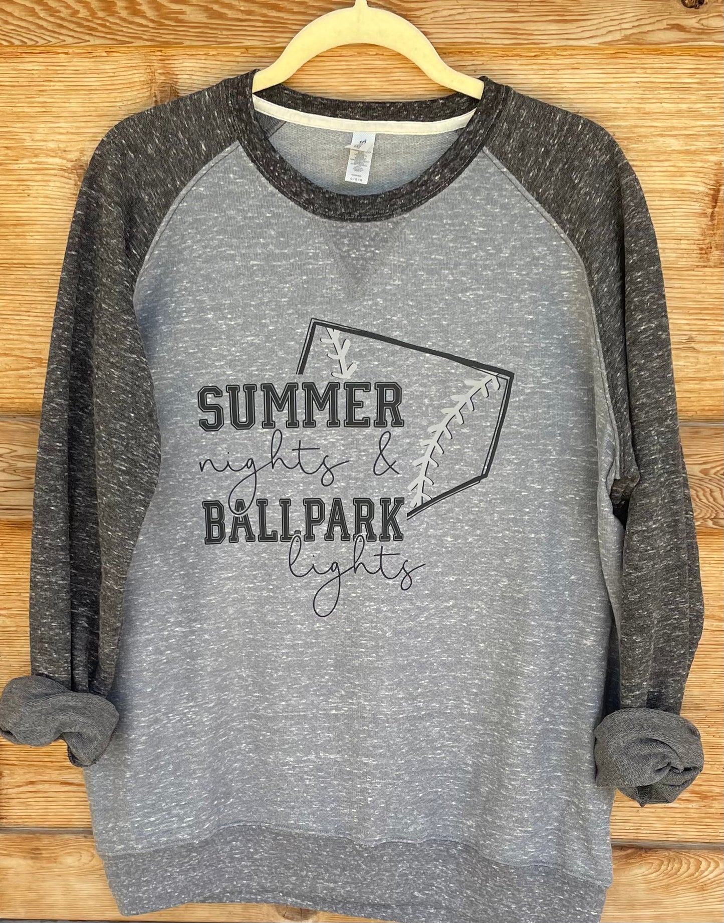 Summer Nights + Ballpark Lights JERZEES® Gray/Black Snow Heather Unisex Raglan Crew
