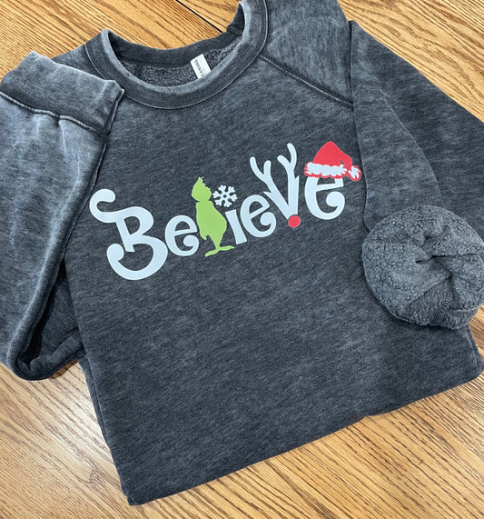 Believe ACID WASH Bella Canvas Fleece Crew Raglan Sweatshirt