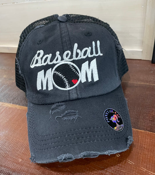 Black Baseball Mom Embroidered NM Ponytail Hat